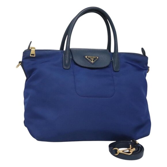 PRADA Hand Bag Nylon 2way Blue Gold Auth - Picture 1 of 16